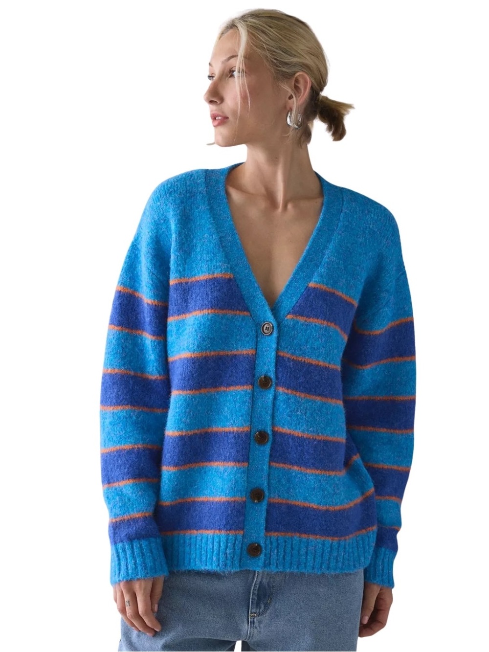 BDG Eliot Striped Oversized Cardigan Blue Button-Front Women's Size Medium